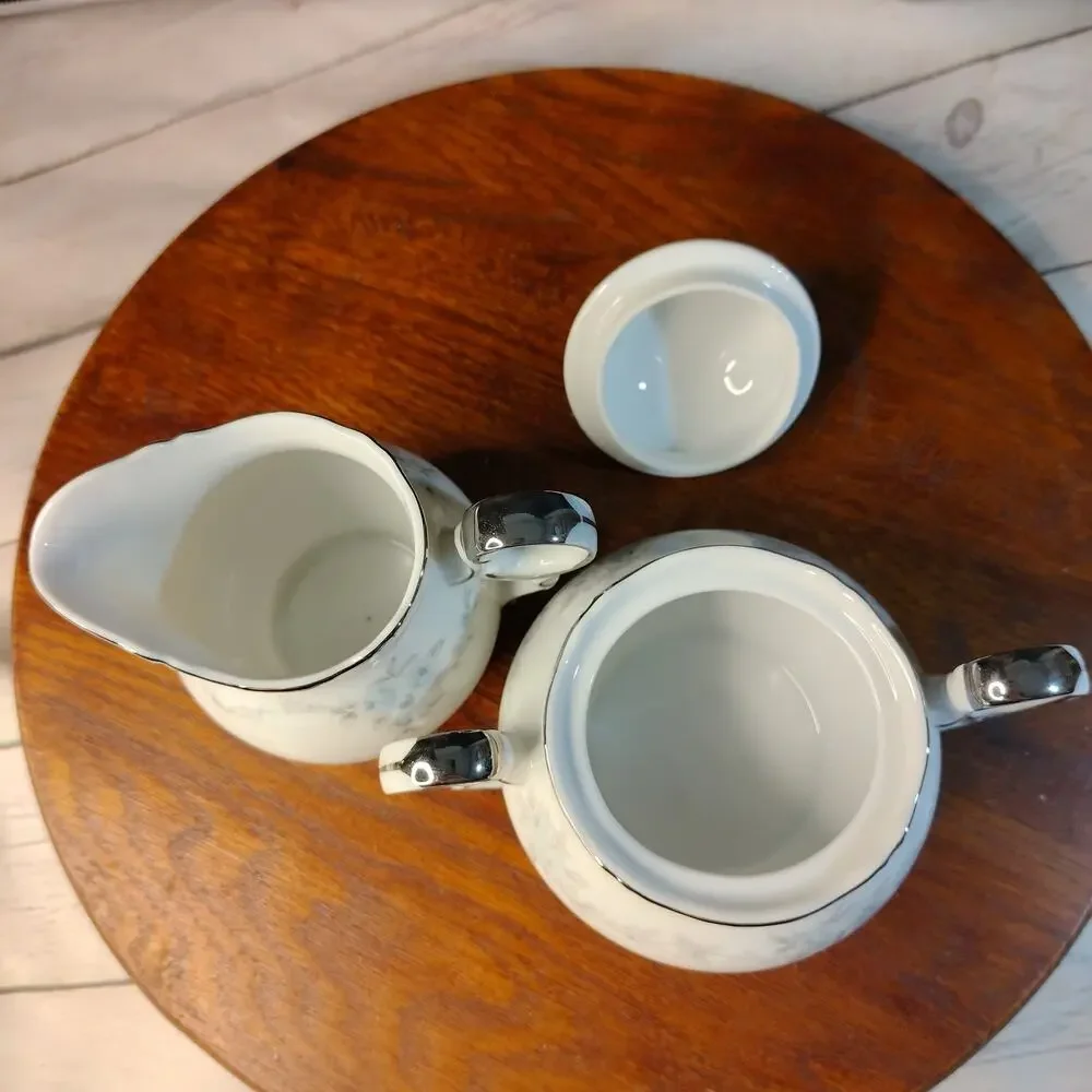 MIKASA Barbizon Pattern Sugar Bowl Dish w/ Lid & Creamer Blue Flowers Silver Rim